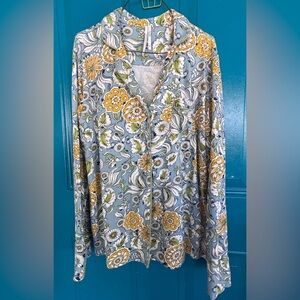 Anthropologie Women’s XS Button Up Pajama Top Night Shirt – Blue Green Yellow